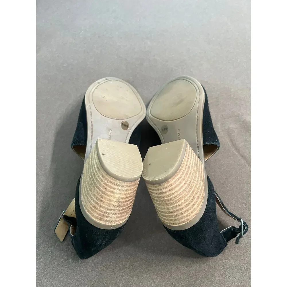 Lucky Brand Baxley Black Suede Peep Toe Stacked Heel Sandal Womem's Size 8.5